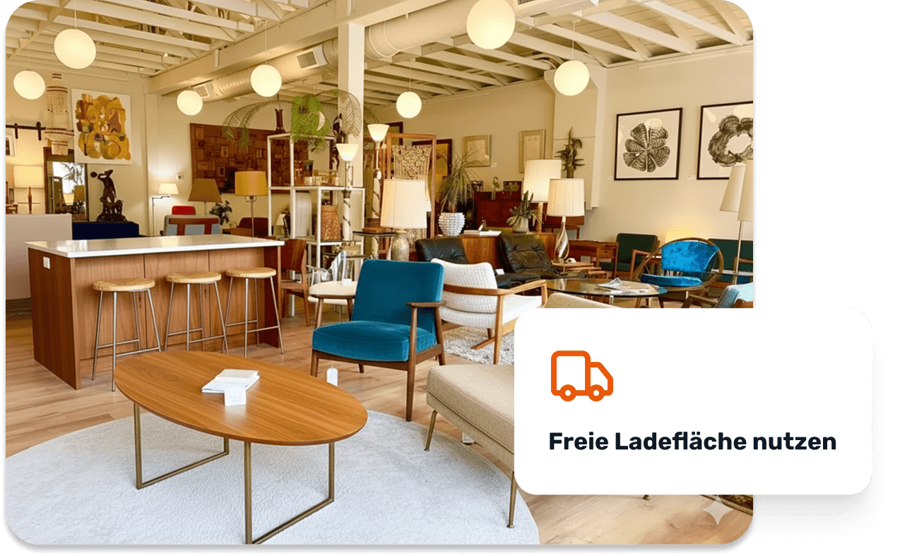 Ein stationärer Shop mit Möbeln und freier Ladefläche